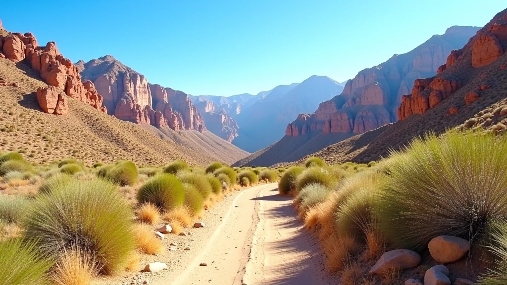 Sendero natural en la Quebrada de Humahuaca con vegetación verde, rocas coloridas y cielo despejado