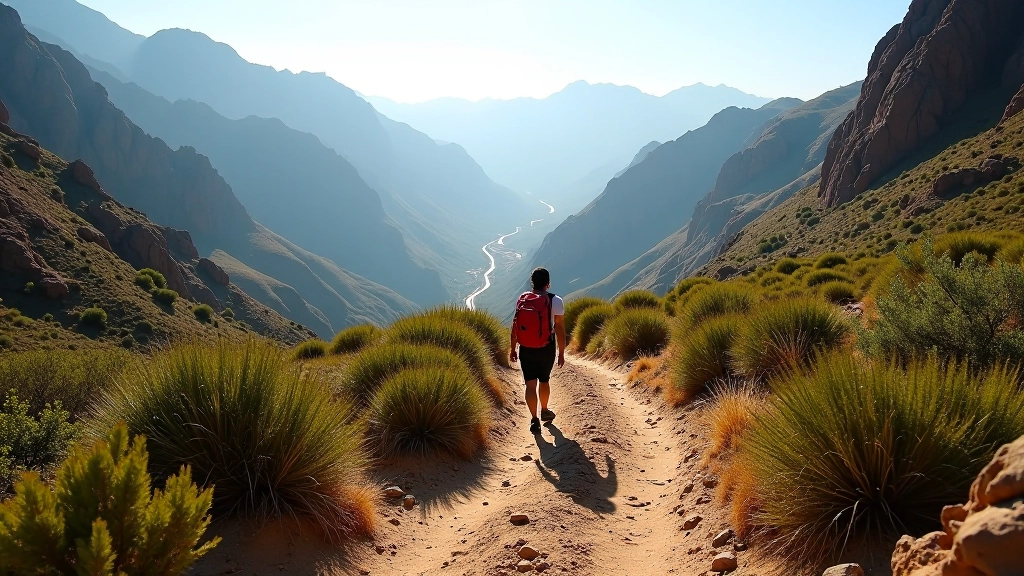 Sendero en montaña de Quebrada de Humahuaca con vegetación natural, camino de tierra y vista de valle
