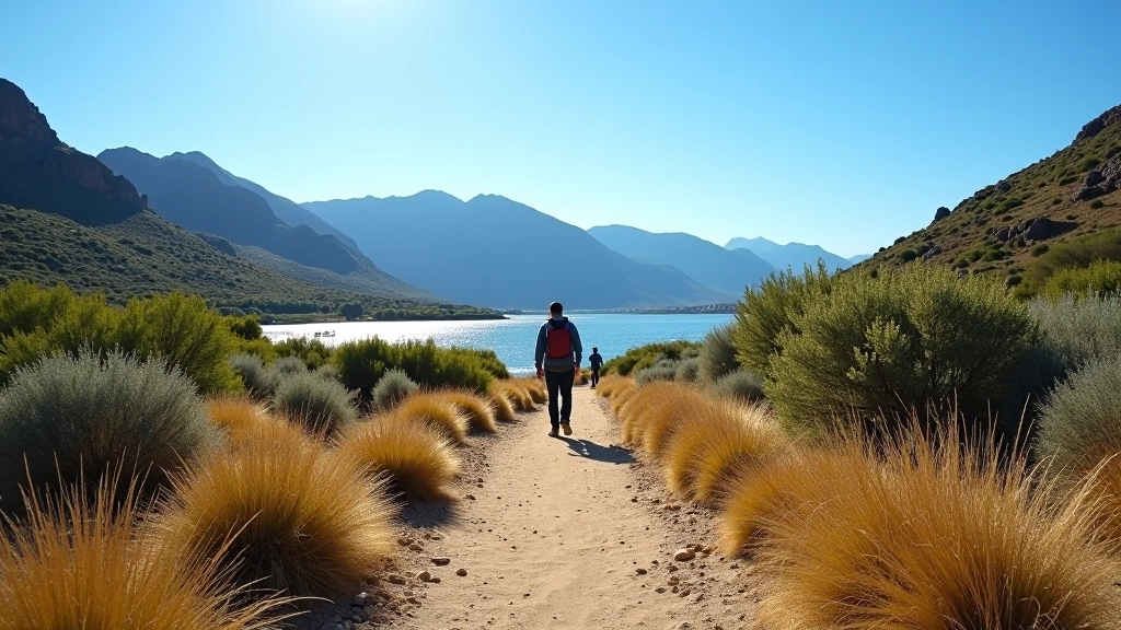 Sendero plano a través de vegetación nativa, laguna al fondo, cielo azul claro