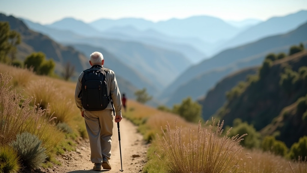 Caminante mayor disfrutando de un paisaje de montaña
